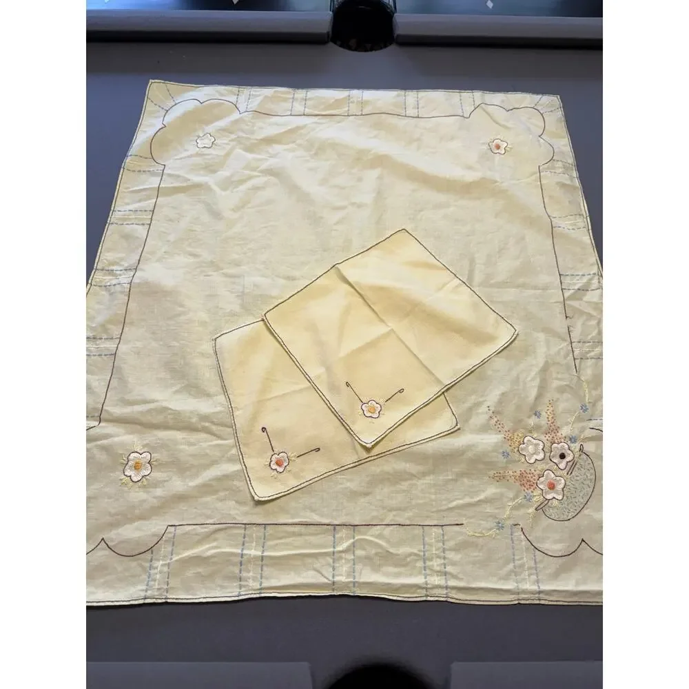 Vintage Handmade Yellow Floral Embroidered Tablecloth 2 Napkins Cottagecore Set